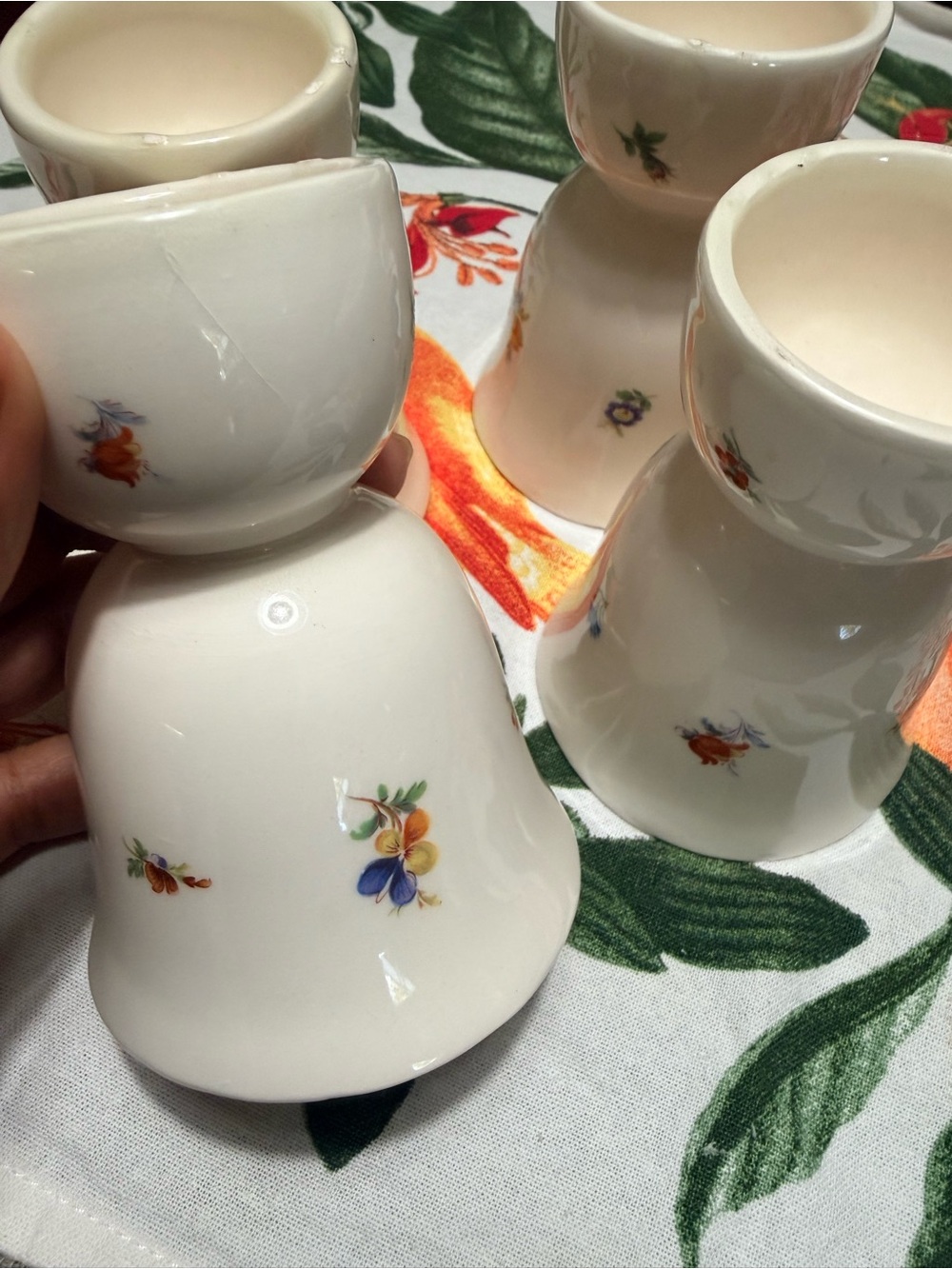 White Porcelain Egg Cups with Small Multicolor Floral Motifs